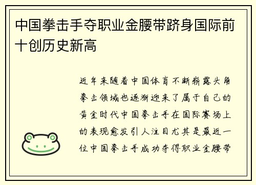 中国拳击手夺职业金腰带跻身国际前十创历史新高