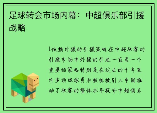 足球转会市场内幕：中超俱乐部引援战略