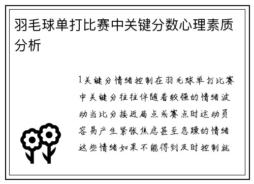 羽毛球单打比赛中关键分数心理素质分析